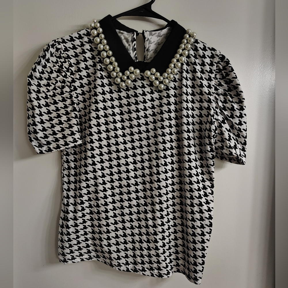 Black and White Puff Sleeve Blouse with Peter Pan Collar